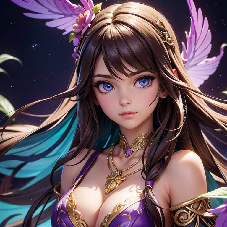 The image depicts a stylized, digital artwork of a female character. She has long, flowing brown hair adorned with purple flowers, giving her a mystical or ethereal appearance. The character has striking blue eyes and is wearing a detailed, ornate necklace with a circular pendant. Her skin is fair, and she has a tattoo or design on her right shoulder that resembles a feather or leaf motif. The overall aesthetic of the image is quite detailed and suggests a fantasy or fantasy-inspired theme. The character's expression is neutral, and she is looking directly at the viewer, which gives the image a sense of engagement.