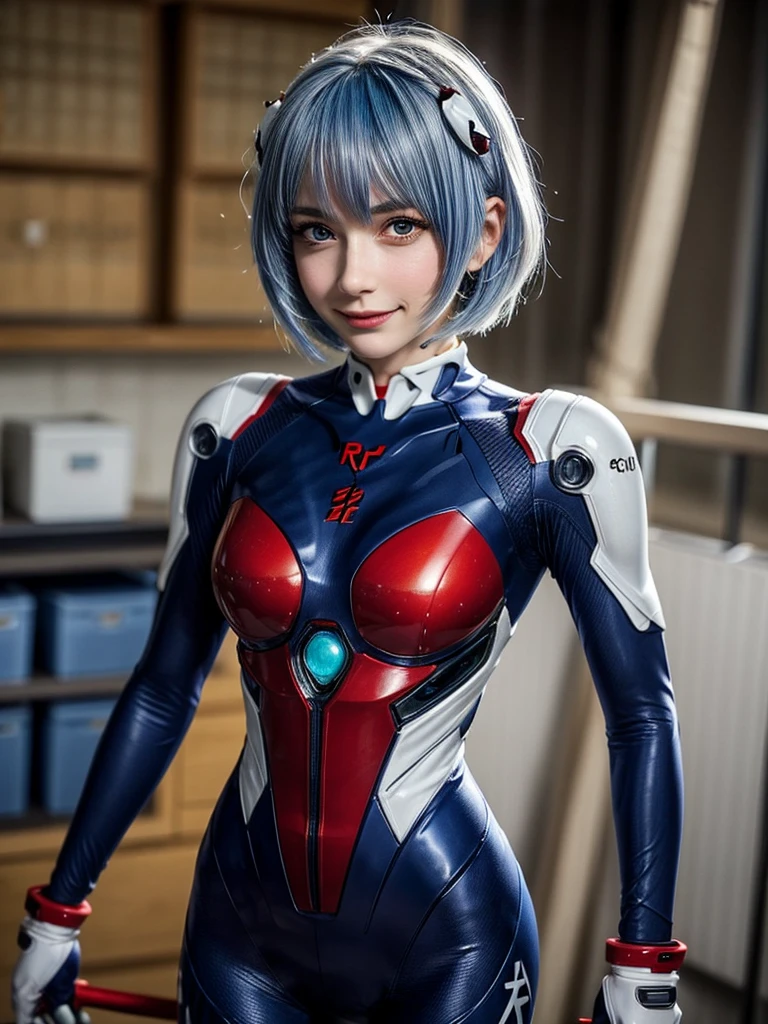 Masterpiece, highest quality, 8K, detailed skin texture, fine cloth texture, beautiful detailed face, intricate details, super detailed, portrait of Rei Ayanami, blue hair, red eyes, looking far away, no background, Evangelion Wearing a plug suit when riding, plug suit, whole body visible, standing, arms crossed, 15 years old, beautiful, cute, great style, smiling,composition that shows the whole body,