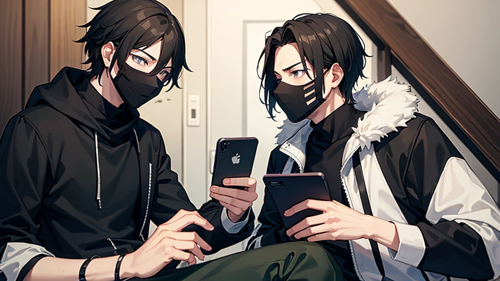 A young man with a black mask watching anime on his cell phone