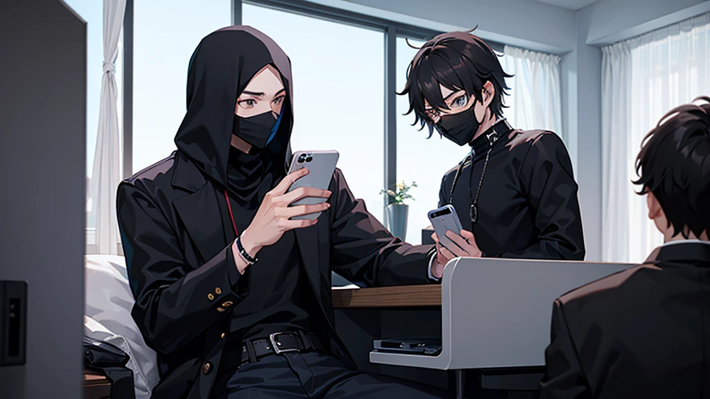 A young man with a black mask watching anime on his cell phone