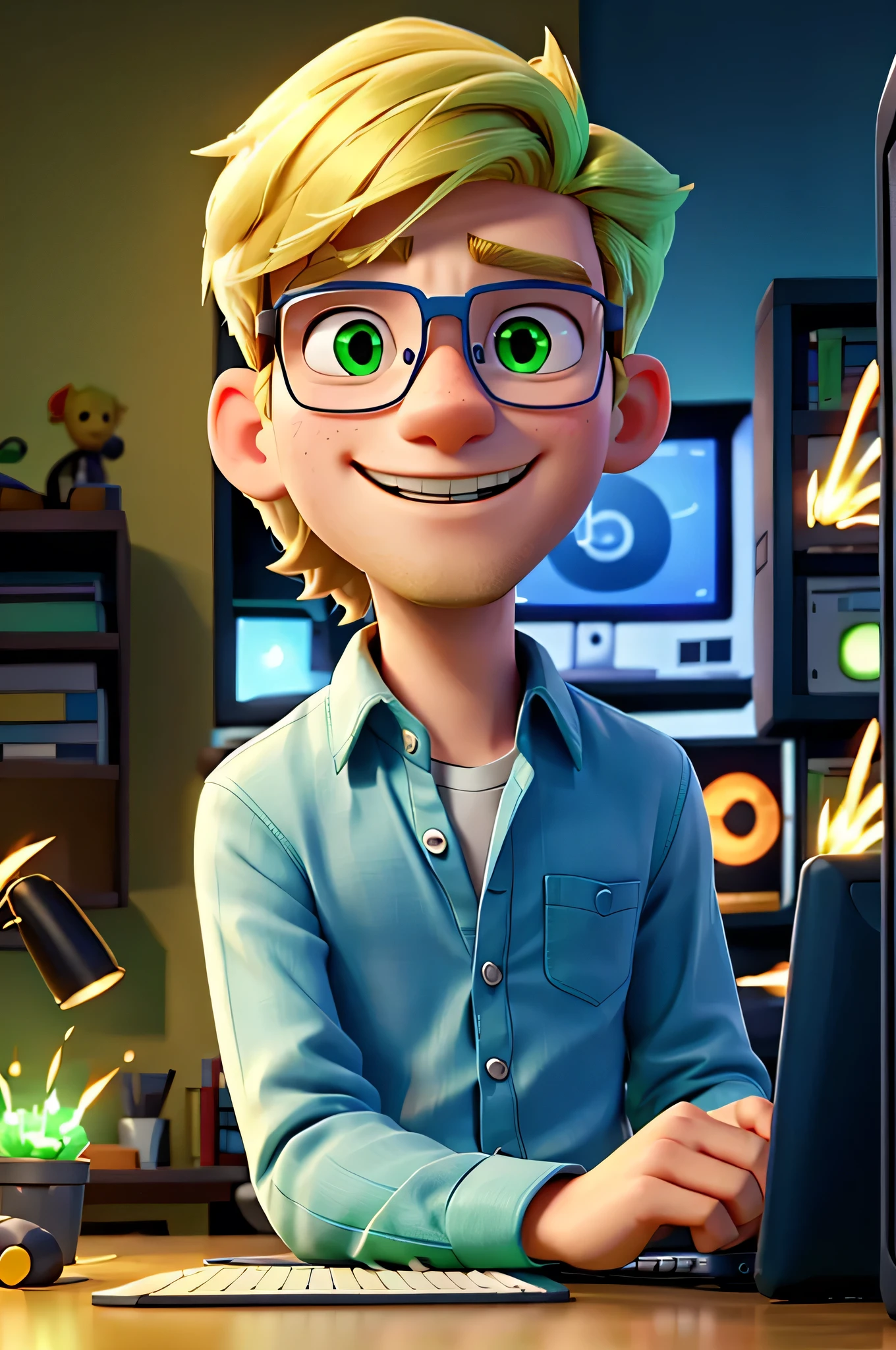 A blond man, young and enthusiastic, wearing glasses and a casual shirt, doing magic on a computer Tiny sparks of blue and green light are coming out of the man's fingers,