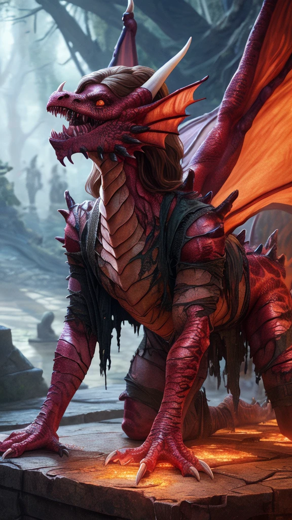 a beautiful girl with long brown hair, emma watson, transforming into a dragon, all fours, clothes ripping, shreeking in terror from the pain, photo-realistic, intricate details, dramatic lighting, dark fantasy, cinematic, highly detailed, 8k, award winning, masterpiece, transformation, best quality