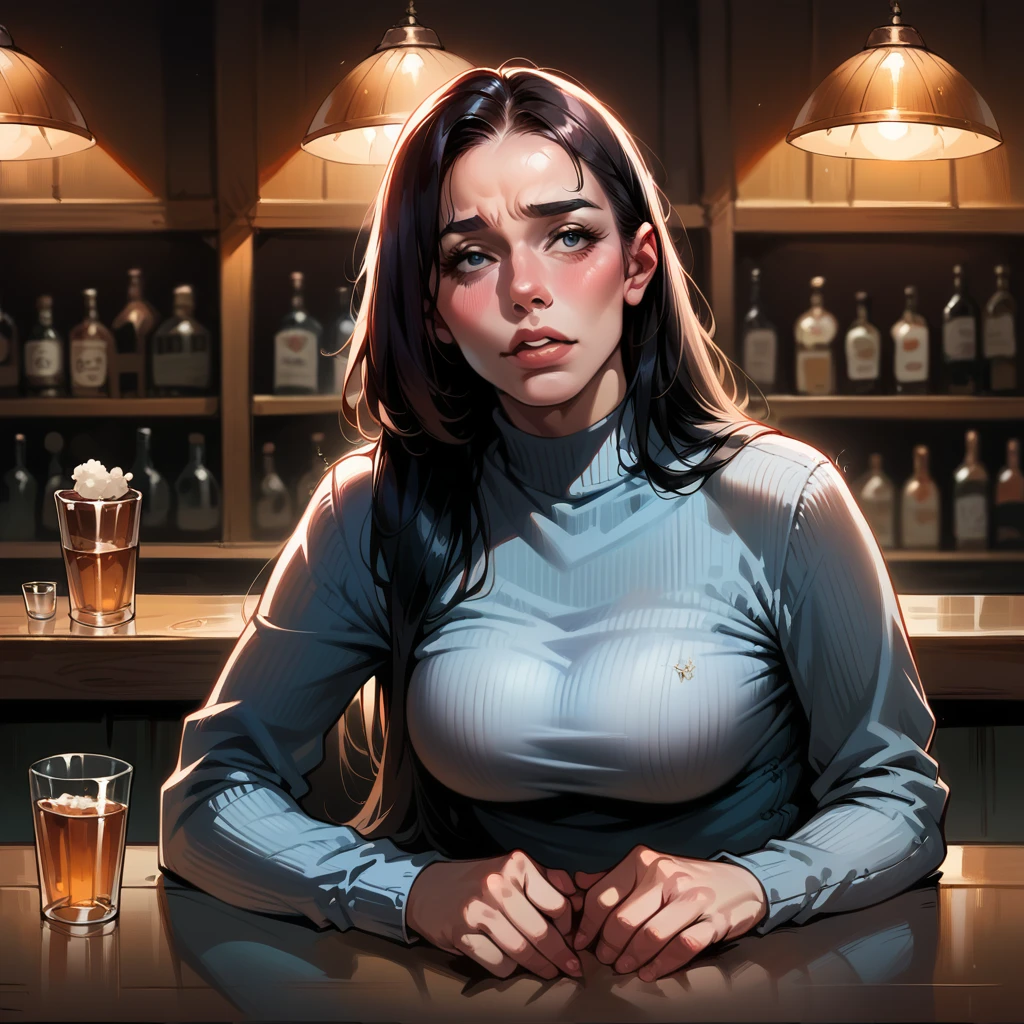 8k, best quality, realistic photos, realistic details, clear face, delicate facial features, real skin shine, a cute girl, shy, facing the camera, girl sitting in a bar in a gray fishnet sweater and tight denim, clear bar background, sea view, arms on bar counter, hips, slim body, big breasts, 24 years old, charming, seductive eyes