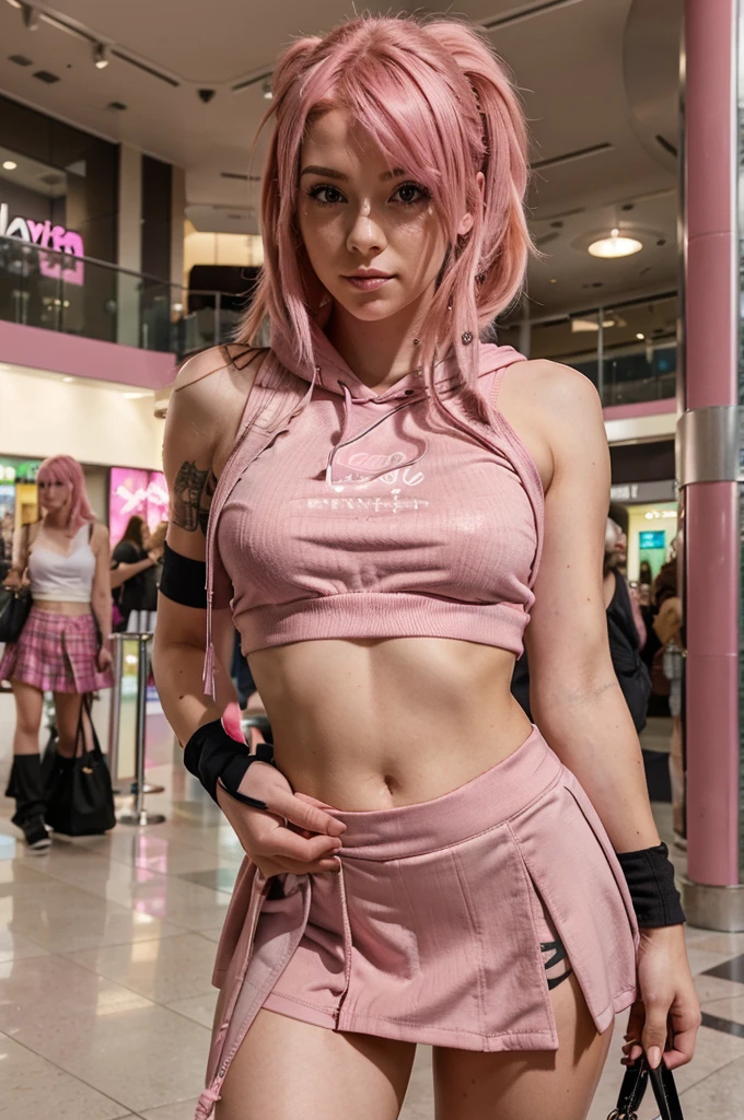 girl with pink hair , pink messy hair, 1 girl, solo, skirt, pink fingerless gloves, pink crop top hoodie, in a mall, black bag