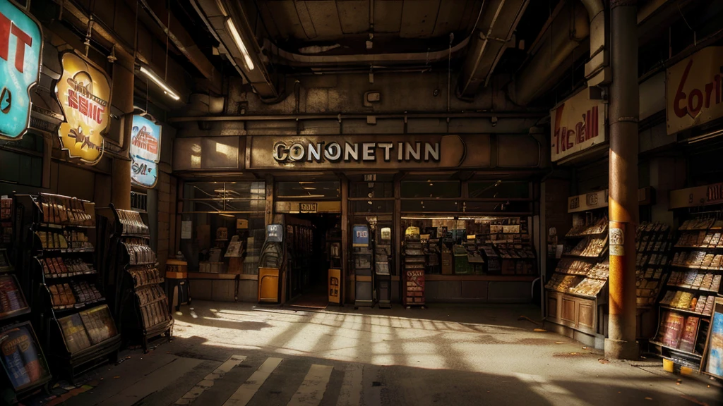 aisles of a convenience store, 7-eleven store, store steampunk, people shopping, Canon, Fujifilm, Wide-Angle, panorama, first-person view, reflection light, ray tracing, 16k, 8k, highres, best quality, award winning, high quality, super detail, high details, masterpiece, accurate