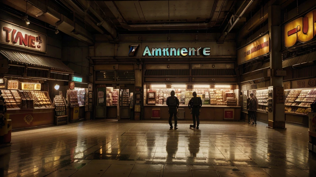 aisles of a convenience store, 7-eleven store, store steampunk, people shopping, Canon, Fujifilm, Wide-Angle, panorama, first-person view, reflection light, ray tracing, 16k, 8k, highres, best quality, award winning, high quality, super detail, high details, masterpiece, accurate
