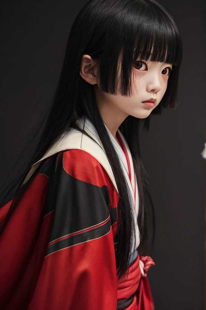 Highest quality、Masterpiece、Highest detail、Japanese Yokai、Girl floating in the darkness、Bob-haired beautiful girl、A simple thin kimono with a red ruffled chest、Glare、Feeling fear、Dense foggy black background