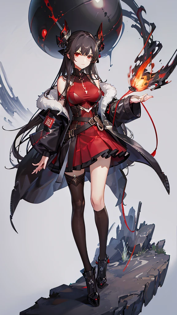 1 girl, black fur, Red eyes, suit and skirt, with a red sphere on the tip of his index finger and red whips coming out of that sphere, big breasts