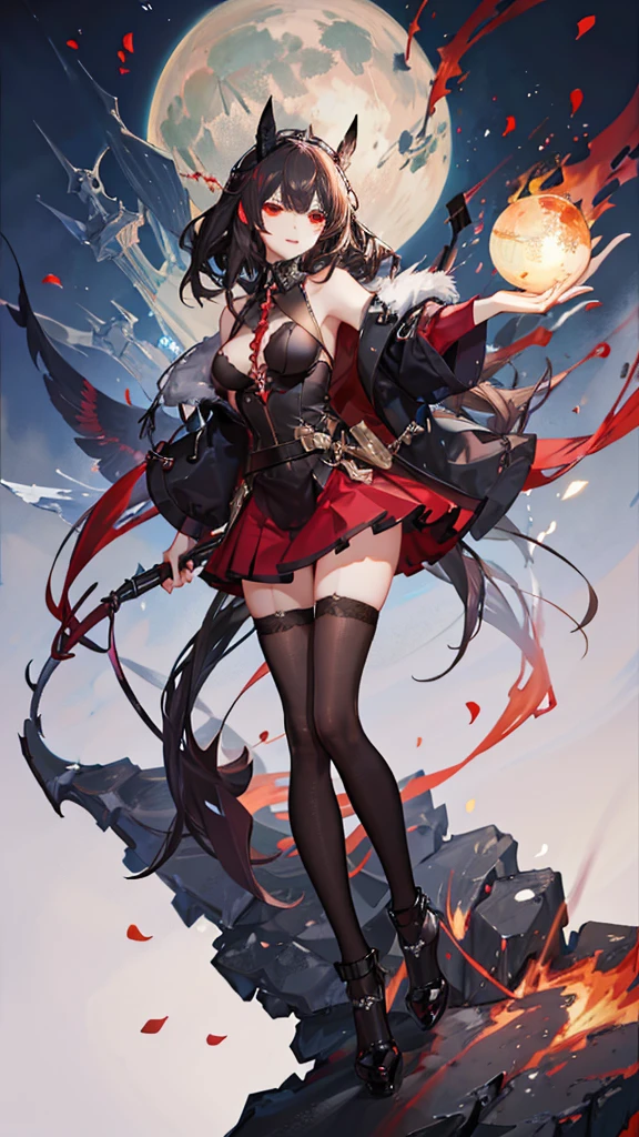 1 girl, black fur, Red eyes, suit and skirt, with a red sphere on the tip of his index finger and red whips coming out of that sphere, big breasts