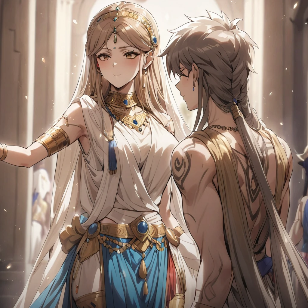 ((Highest quality)), ((masterpiece)), (detailed), （Perfect Face）、The woman is Princess Leona with long light brown hair and Parvati、The woman, dressed in the lavish costume of Parvati, accompanies the man, Shiva.