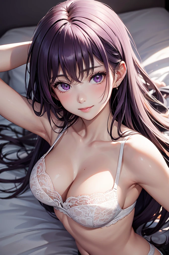 (Best Quality,High resolution,8K,finelity detailed background,Masterpiece:1.2),beautiful girl,Shiny purple hair,messy hair,Purple Eyes,Gentle look,A refreshing look,Best quality,Best Quality,Aesthetic and aesthetic:1.2,Best details((Super detailed))(High-definition CG illustrations),Glamorous grey ????????? (gray,intricate lace),Slender body,Daytime,Sunshine,Bedroom,On the bed,smile,blush,cute,Scrounge,Looking up,Being spoiled,super model,wariza,shoot from above