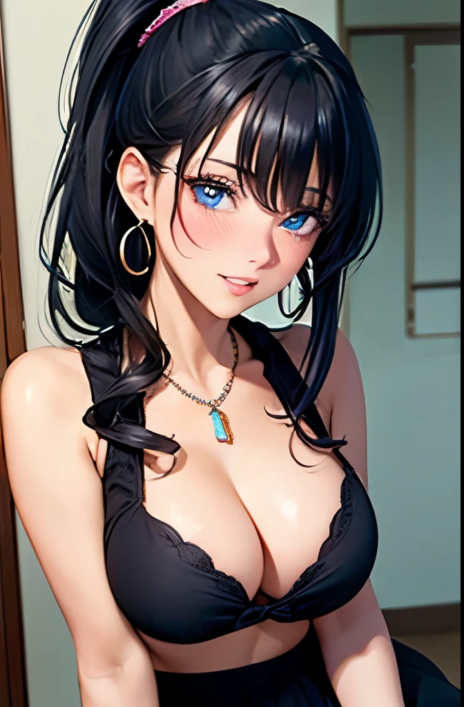 dark hair in a high ponytail, crystal blue eyes, open mouth, horny 25 years old, playfully horny, busty, cleavage, blouse unbuttoned , skirt, standing, coy smile with open parted lips, (blushing:1.3), looking invitingly at the viewer, facing the viewer, livingroom background, leaning forward in a doorway, (pov), glowing eyes, necklace, earrings, nsfw,