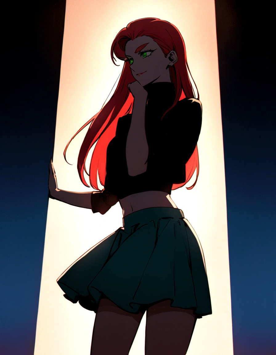 red hair, long hair, slicked back hair, straight hair, dominant,powerful, green eyes, eye contact, arrogant, adult, thick eyebrows, evil smile, smirk, black eyeliner, sporty, tall, legs, Create an intense, evocative portrait in the Japanese retro anime style of the 80s and 90s. The scene features a woman bathed in deep blue light, leaning against a wall with her arms raised, eyes closed in a moment of raw emotion. Her casual attire is minimal, accentuating the curves of her body and the dramatic shadows cast by the lighting. The background is stark, with sharp contrasts highlighting the contours of her form. The blue and black palette intensifies the mood, evoking a sense of mystery and allure. Subtle film grain and meticulous shading add depth and texture, emphasizing the emotional gravity of the scene. The lighting creates a chiaroscuro effect, accentuating her expressive pose and the intense atmosphere. crop top, skirt, dancefloor