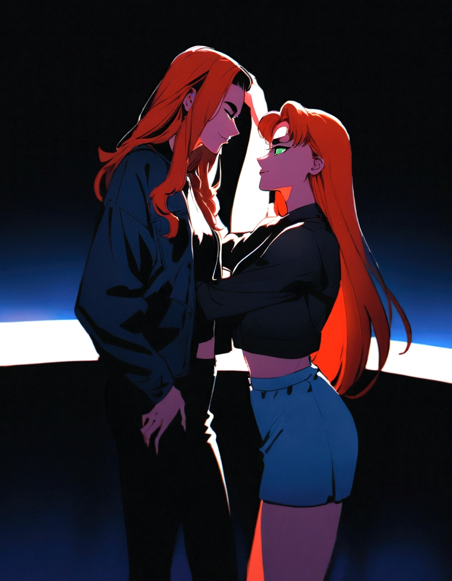 red hair, long hair, slicked back hair, straight hair, dominant,powerful, green eyes, eye contact, arrogant, adult, thick eyebrows, evil smile, smirk, black eyeliner, sporty, tall, legs, Create an intense, evocative portrait in the Japanese retro anime style of the 80s and 90s. The scene features a woman bathed in deep blue light, leaning against a wall with her arms raised, eyes closed in a moment of raw emotion. Her casual attire is minimal, accentuating the curves of her body and the dramatic shadows cast by the lighting. The background is stark, with sharp contrasts highlighting the contours of her form. The blue and black palette intensifies the mood, evoking a sense of mystery and allure. Subtle film grain and meticulous shading add depth and texture, emphasizing the emotional gravity of the scene. The lighting creates a chiaroscuro effect, accentuating her expressive pose and the intense atmosphere. crop top, skirt, dancefloor