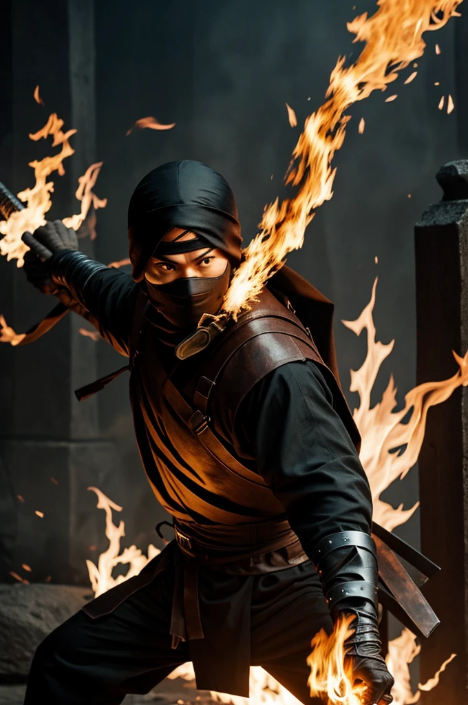 A ninja with a flaming sword and his face covered
