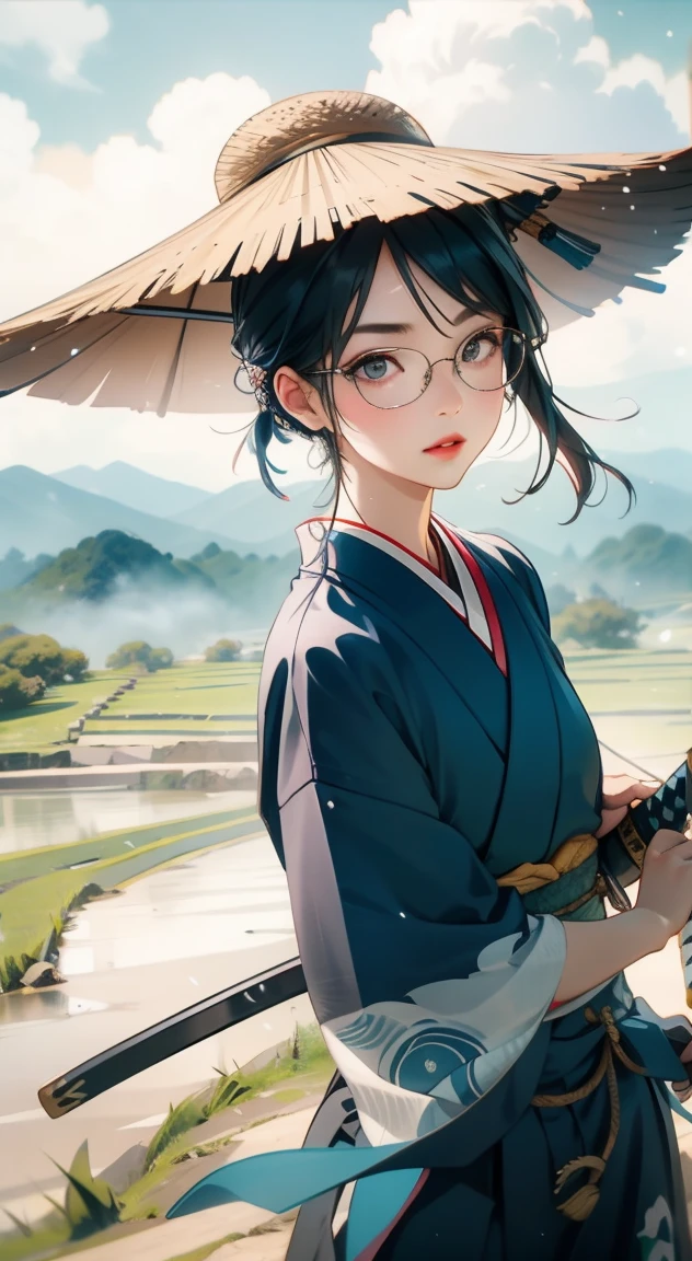samurai girl, 1 girl, beautiful detailed eyes, beautiful detailed lips, extremely detailed face and eyes, long eyelashes, samurai armor, ((two japanese swords)), rural rice field road, rolling hills, cloudy sky, detailed environment, dramatic lighting, cinematic lighting, dramatic shadows, highly detailed, 8k, photorealistic, hyper detailed, masterpiece, vibrant colors, atmospheric, intricate details、((Knitting hat)) Classic glasses