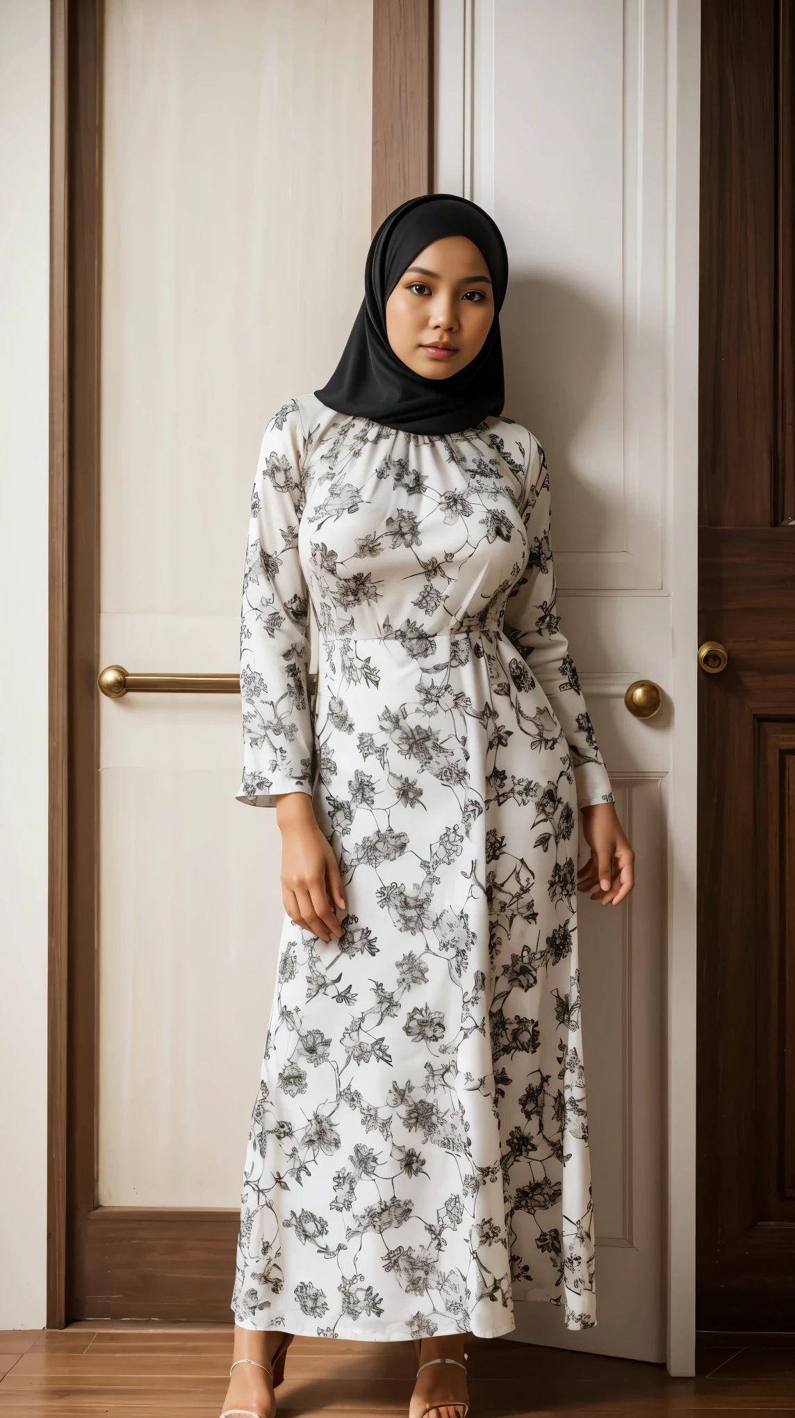 Wide shot of (abbie_cornish:0.6) indonesian girl wearing a hijab, casual shirt, casual dress, long skirt, sandals, in a kitchen,face incredibly detailed, lips, realistic skin, solo,medium breasts,skin tight, puffy ,facial, masterpiece,best quality, Intricate, High Detail, dramatic, front view, wide view,RAW, Best quality, high resolution, masterpiece: 1.3), beautiful Indonesian woman in hijab, perfect hijab, Masterpiece, perfect fit body, big breast,big gorgeous eyes, Soft smile,beautiful face,thick thighs, woman in a black and white floral dress standing in front of a green door, modest flowing gown, beautiful soft silky dress, beautiful silky dress, beautiful detailed dress, stylish dress, swirly flower dress, wearing a long flowery dress, full covered dress, delicate patterned, long dress female, frock, flowery dress, baroque dress, lady with glowing flowers dress , (Delicate turtleneck) , Excellent lighting, Bright colors, Clean lines,