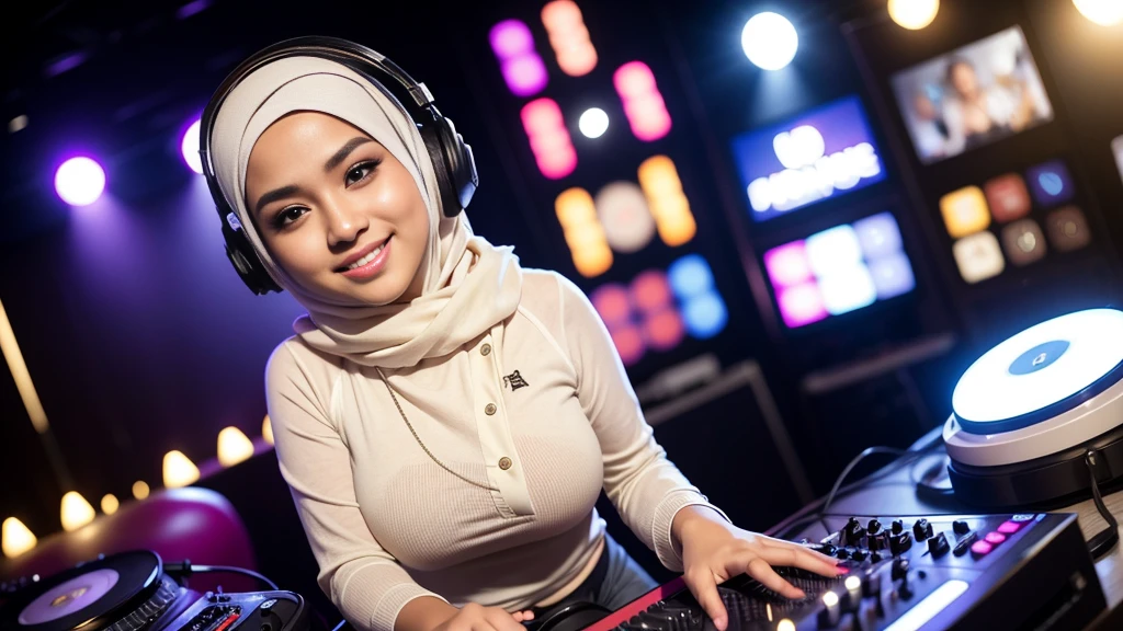 Close up),RAW, Best quality, high resolution, masterpiece: 1.3), Beautiful Malay woman in hijab,Karya, fit body, big breast,sthick thighs,big beautiful eyes, Soft smile, beautiful face,muslim woman Wearing silver DJ headphones, Smile while DJing on stage, full body shot of, The spotlight shines on the female DJ. Photorealistic photography by Disco Lighting, (cute round face:1.3), perfect fingers, five fingers, beautiful hands, perfect hands. master peace, cute smile, full body picture, casual clothing style, with beautiful exotic, wearing casual clothes, wearing elegant casual clothes, wearing casual clothing.