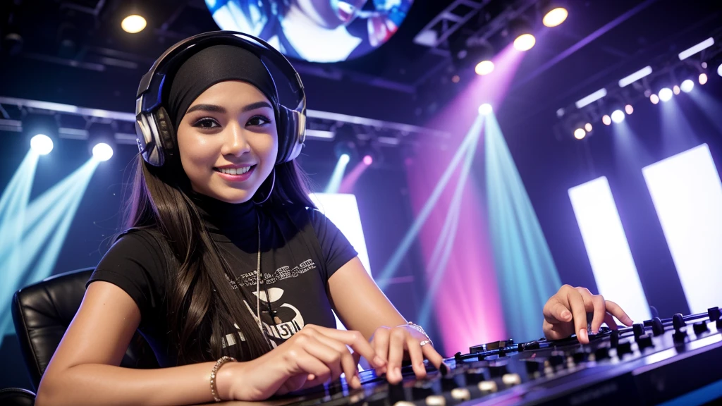 Close up),RAW, Best quality, high resolution, masterpiece: 1.3), Beautiful Malay woman in hijab,Karya, fit body, big breast,sthick thighs,big beautiful eyes, Soft smile, beautiful face,muslim woman  Wearing silver DJ headphones, Smile while DJing on stage, full body shot of, The spotlight shines on the female DJ. Photorealistic photography by Disco Lighting, (cute round face:1.3), perfect fingers, five fingers, beautiful hands, perfect hands. master peace, cute smile, full body picture, casual clothing style, with beautiful exotic, wearing casual clothes, wearing elegant casual clothes, wearing casual clothing.
