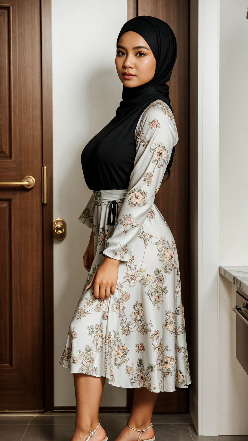 Wide shot of (abbie_cornish:0.6) indonesian girl wearing a hijab, casual shirt, casual dress, long skirt, sandals, in a kitchen,face incredibly detailed, lips, realistic skin, solo,,skin tight, puffy ,, masterpiece,best quality, Intricate, High Detail, dramatic, front view, wide view,RAW, Best quality, high resolution, masterpiece: 1.3), beautiful Indonesian woman in hijab, perfect hijab, Masterpiece, perfect fit body, big ,big gorgeous eyes, Soft smile,beautiful face,thick thighs, woman in a black and white floral dress standing in front of a green door, modest flowing gown, beautiful soft silky dress, beautiful silky dress, beautiful detailed dress, stylish dress, swirly flower dress, wearing a long flowery dress, full covered dress, delicate patterned, long dress female, frock, flowery dress, baroque dress, lady with glowing flowers dress , (Delicate turtleneck) , Excellent lighting, Bright colors, Clean lines,