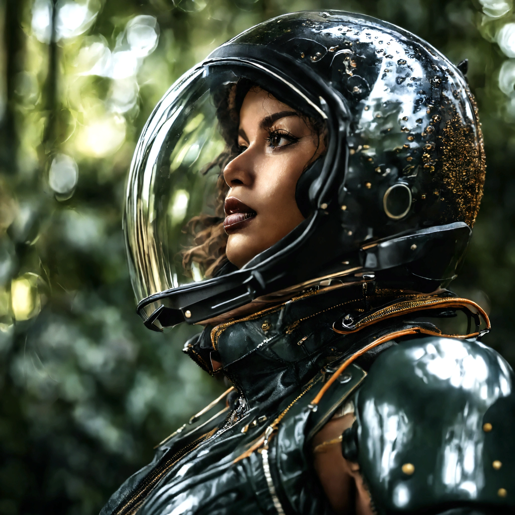 android, (bamboo forest:1), (Adult Spanish woman:1.6), (polyvinyl Jacket With Rivets:1.3), astro helmet (open zipper:1.5), (sexy:1.5), (erotic:1.5), (afro hairstyle:1.6), best quality, sunlight, detailed face, gorgeous eyes, realistic skin details, high quality, seen from below, translucent, (voluptuous:1.2), sensual, lascivious, dominant, romantic, high quality, film grain, Cinematic Light, sidelighting, sharp focus