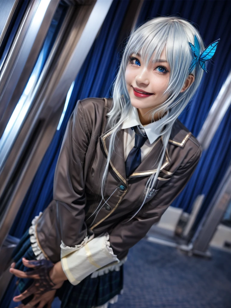 Masterpiece, highest quality, 8K, detailed skin texture, fine cloth texture, beautiful detailed face, intricate details, super detailed, portrait of Rei Ayanami, blue hair, red eyes, looking far away, no background, Evangelion Wearing a plug suit when riding, plug suit, whole body visible, standing, arms crossed, , beautiful, cute, great style, smiling,composition that shows the whole body,