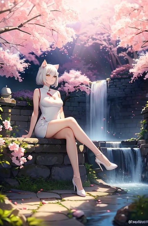 adult japanese catgirl, white cat tail, breathtaking cherry tree forest, falling cherry petal, ((white elegant sleeveless cheongsam mini dress)), smooth and beautiful legs, ((brown eye color)), (medium short length hair flowing in the wind), ((white hair), ((white high heeled pumps shoes)), beautiful nature, Atlantis ruins, small water spring with small waterfall, ((high quality)), extremely detailed, (bokeh), dof, large breasts, sitting in front of a cherry tree, elegant ancient stone structure, (crossed legs), side swept hair bangs, looking up into the far distance, realistic body anatomy,(solo), (white cat ears), evening golden sun backlight, (face markings), hair braid, bangs, gentle smile