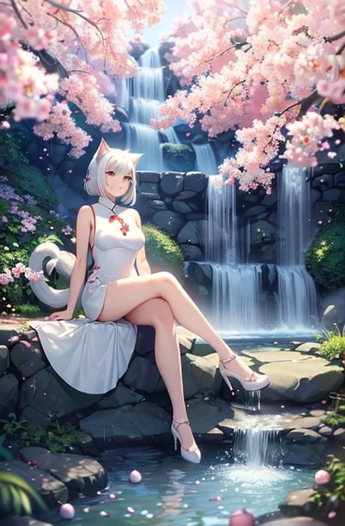 adult japanese catgirl, white cat tail, breathtaking cherry tree forest, falling cherry petal, ((white elegant sleeveless cheongsam mini dress)), smooth and beautiful legs, ((brown eye color)), (medium short length hair flowing in the wind), ((white hair), ((white high heeled pumps shoes)), beautiful nature, Atlantis ruins, small water spring with small waterfall, ((high quality)), extremely detailed, (bokeh), dof, large breasts, sitting in front of a cherry tree, elegant ancient stone structure, (crossed legs), side swept hair bangs, looking up into the far distance, realistic body anatomy,(solo), (white cat ears), evening golden sun backlight, (face markings), hair braid, bangs, gentle smile