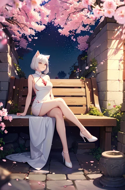 adult japanese catgirl, white cat tail, breathtaking cherry tree forest, falling cherry petal, ((white elegant sleeveless cheongsam mini dress)), smooth and beautiful legs, ((brown eye color)), (medium short length hair flowing in the wind), ((white hair), ((white high heeled pumps shoes)), beautiful nature, Atlantis ruins, small water spring with small waterfall, ((high quality)), extremely detailed, (bokeh), dof, large breasts, sitting in front of a cherry tree, elegant ancient stone structure, (crossed legs), side swept hair bangs, looking up into the far distance, realistic body anatomy,(solo), (white cat ears), evening golden sun backlight, (face markings), hair braid, bangs, gentle smile