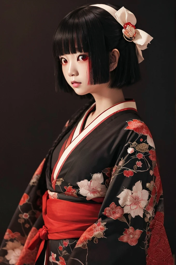 Highest quality、Masterpiece、Highest detail、Japanese Yokai、Girl floating in the darkness、Bob-haired beautiful girl、Vermilion eyeliner、A simple thin kimono with a red ruffled chest、Glare、Feeling fear、Dense foggy black background