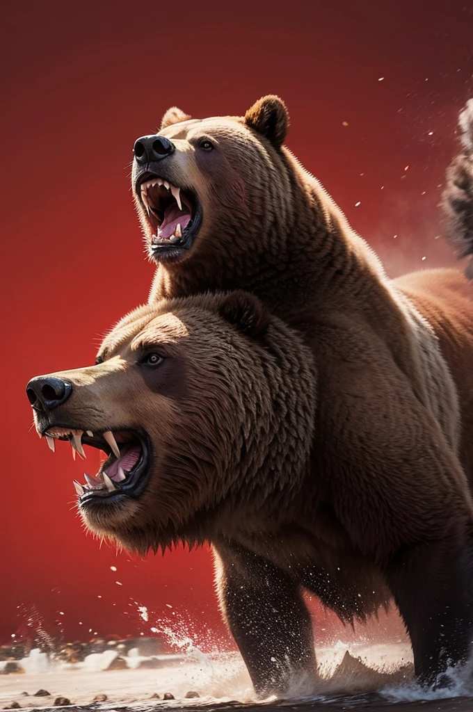 GRIZZLY BEAR ROARING.
with machine guns, munitions.
War clothes.
Fierce and hostile appearance.
Red background with blood.