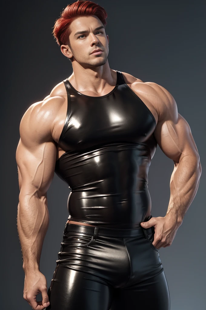 Masterpiece, Best Quality, Solo,Jason luv with big muscular,wide shoulder,big tricep, studio simple background, Natural eyes, Short and delicate red hair, Sexy Man, looking up at the viewer,black tight leather tank top,black leather shiny tight pants , Small plots, Standing, Muscular posture,dicks out,large penis,erect