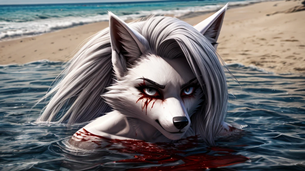 Loona from Helluva Boss, female white wolf, anthro, white hair, grey hair, mature adult, red bikini, in water, beach, covered in blood, blood on water, serious, cold stare, detailed, solo, beautiful, high quality, 4K