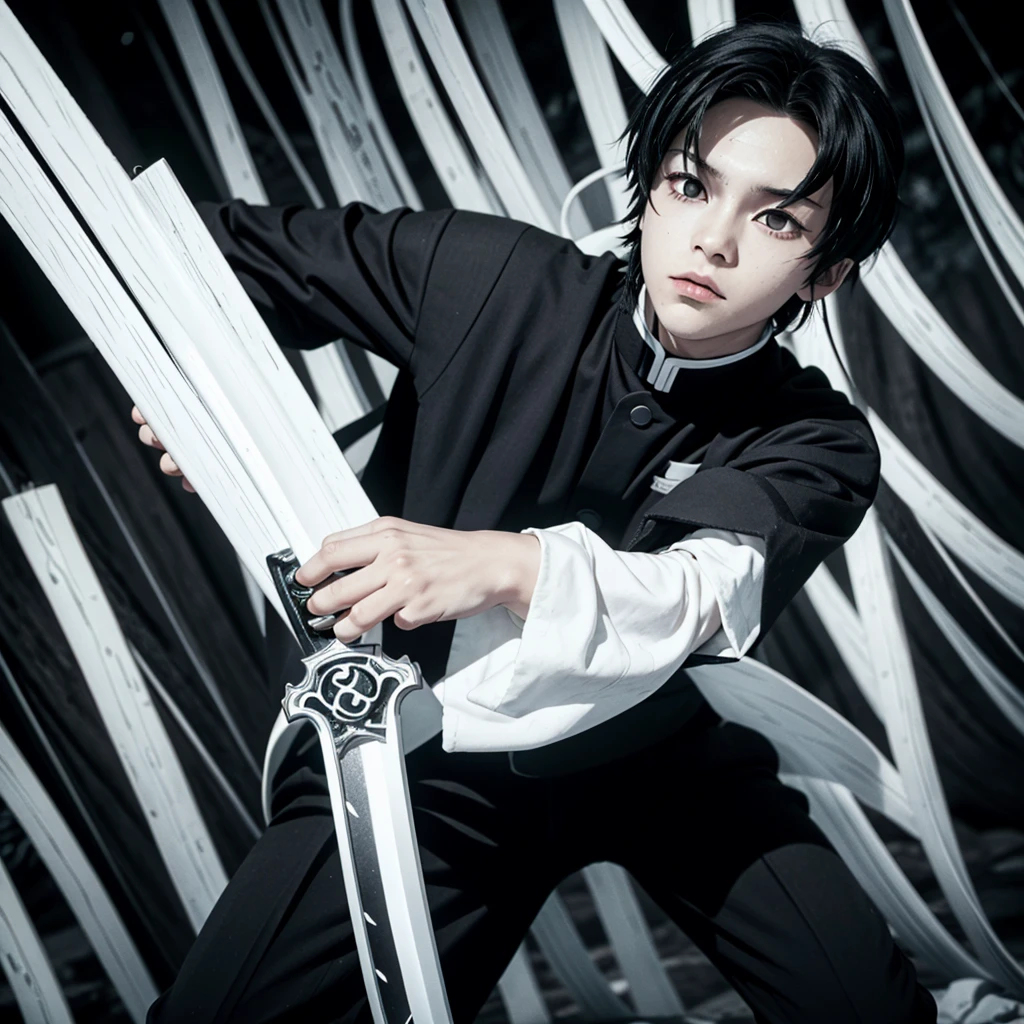 fifteen year old male, Uniform demon slayer, Look of without life , black and white hair, black and white sword, ying yang Balance, Beautiful, visual quality, Black and white eyes