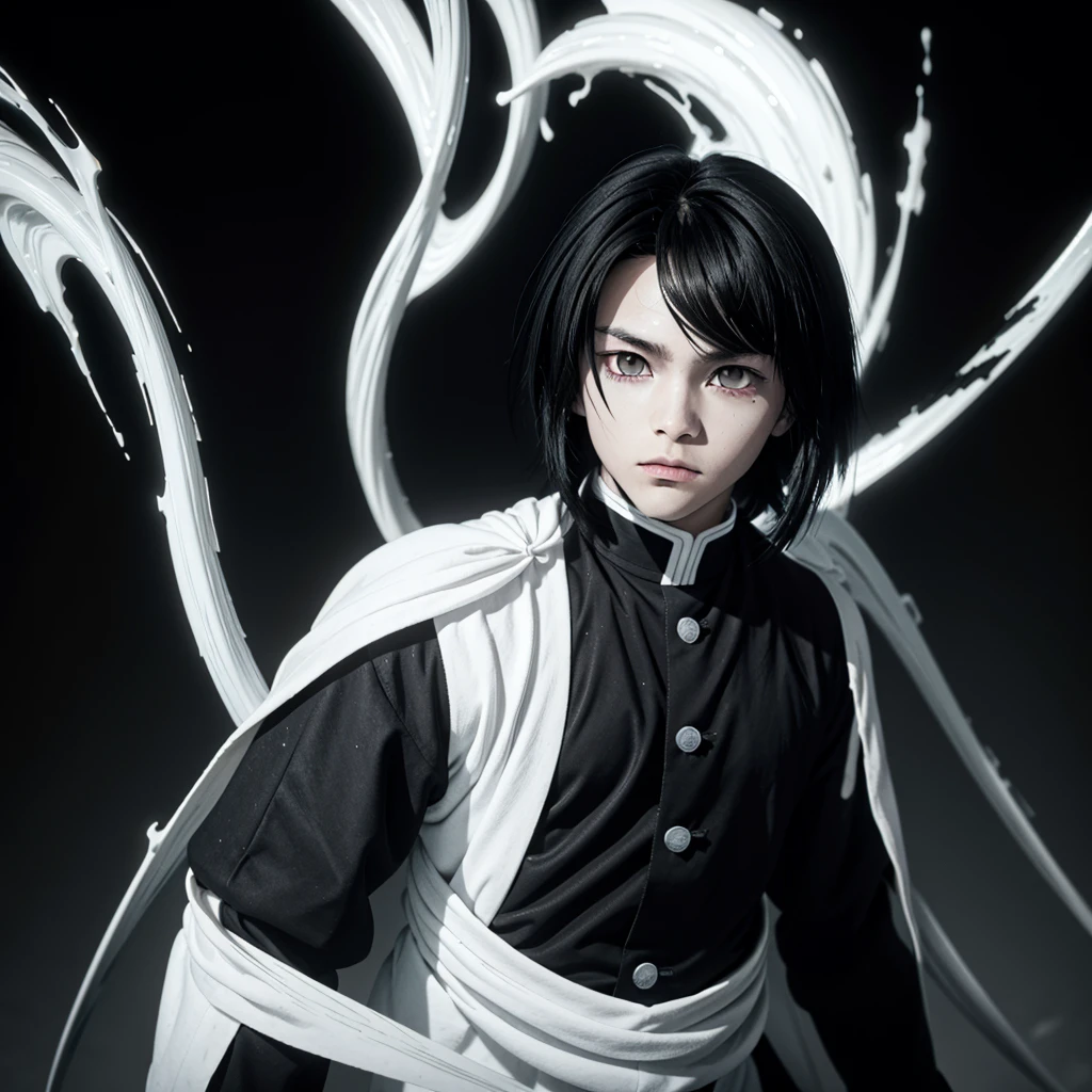 fifteen year old male, Uniform demon slayer, Look of without life , black and white hair, black and white sword, ying yang Balance, Beautiful, visual quality, Black and white eyes