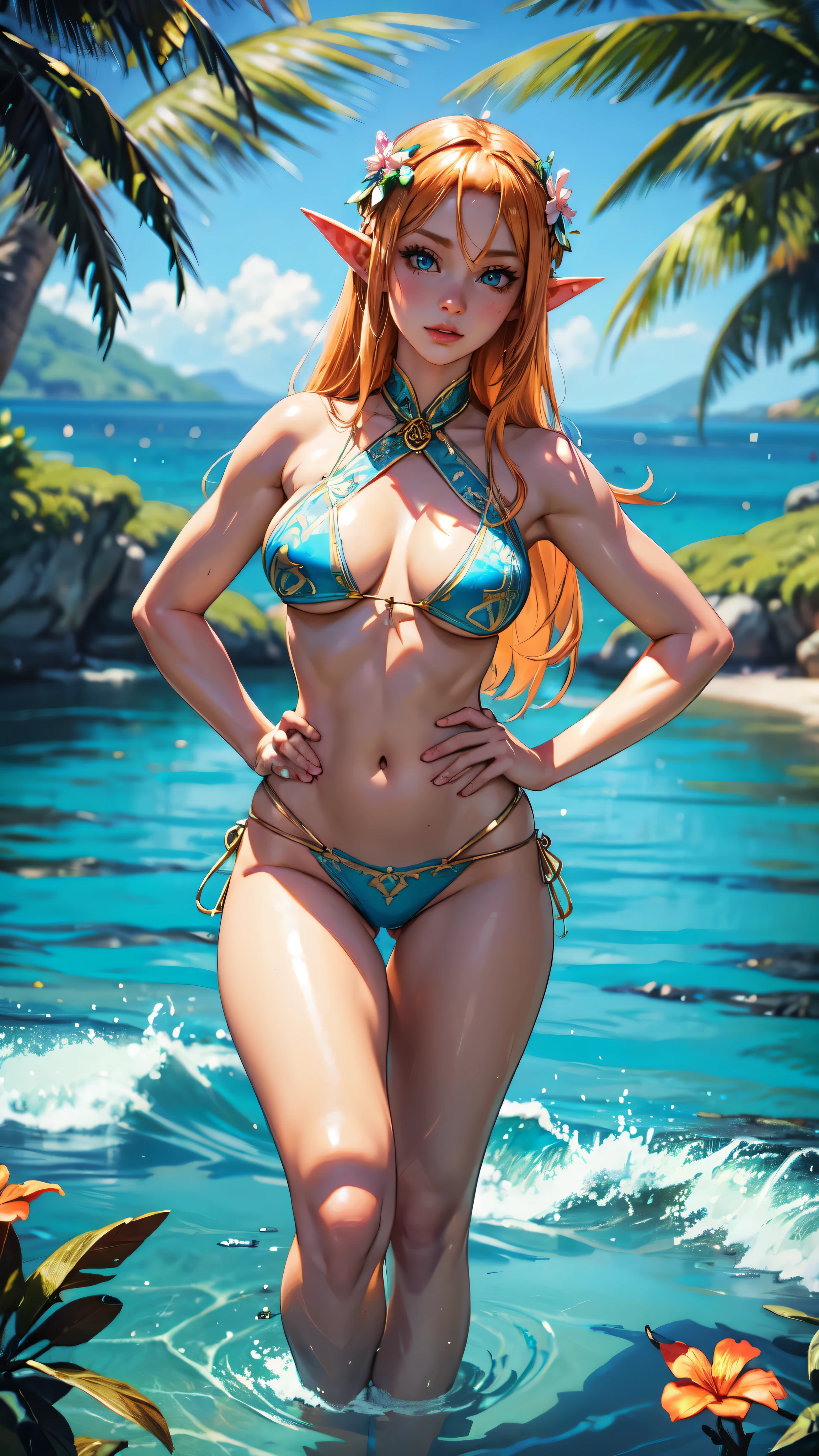 Blue eyes, elf woman,detailed face, detailed hands, detailed eyes, full body, elf girl , elf girl,Beautiful Alluring summer taned young island woman,  Clothed, patterned mikro bikini, taned skin, athletic body, orange blonde hair, hair ornaments, flowers, at a tropical beach, Beautiful D&D Character Portrait, tropical Fantasy, tropical theme, Detailed, Digital Art, Extreme Detail, Polished, Beautiful, Hyperdetailed, Intricate, Elaborate, Meticulous, Anime Character, Detailed, Anime Face, Sharp Focus, Unreal Engine, 3d Rendered, Volumetric Lighting, Reflections, Glossy, Digital Illustration, Pose, Suggestive Pose, Full Body Shot, 💖❤💕💋❣
