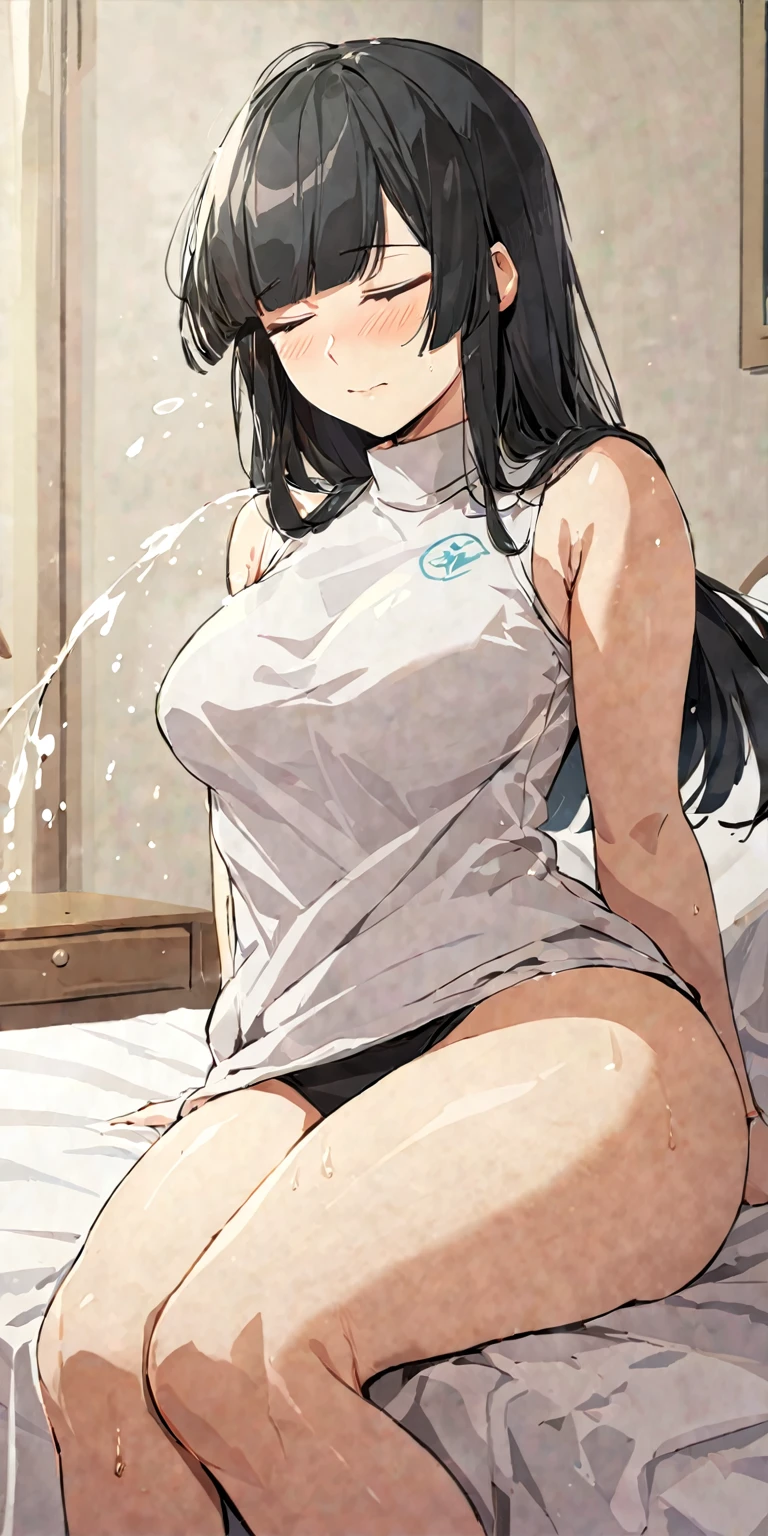 masterpiece,best quality, solo, eda, bangs, black hair, upper body, shy expression, medium breast, hot, thicc, she is in the bed, she was sitting , she was posing, closed mouth, she is horny, she wants to squirt, she is blushing , she has bug thighs, shebis wearing sando, she has big thighs, she is squirting, closed eyes