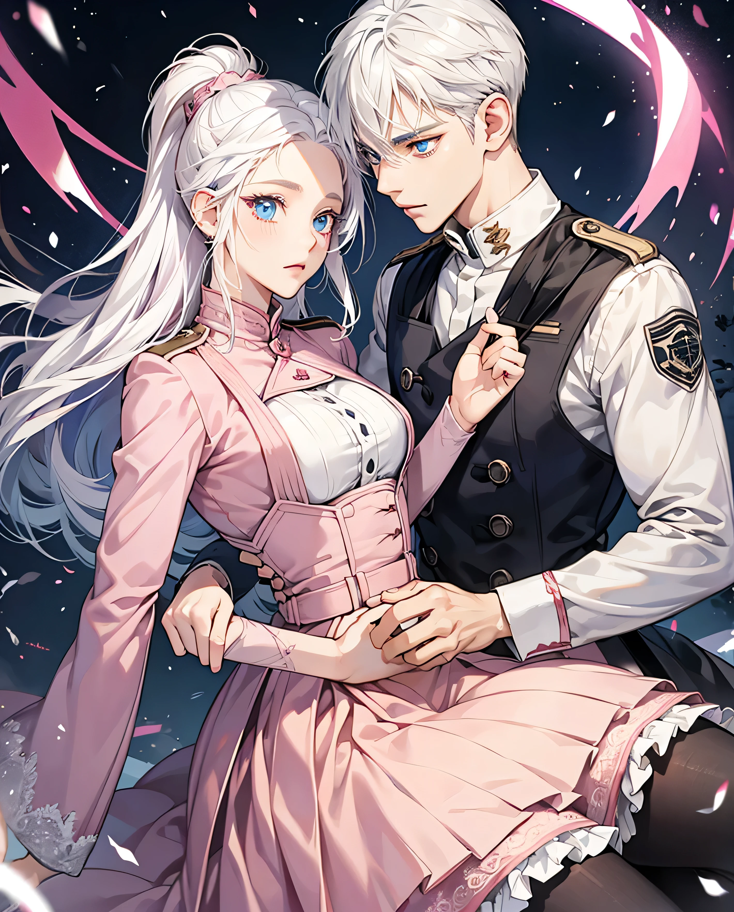 Couple 1 boy and 1 Girl Survey Corps Uniform, white hair with pink tips, blue eyes