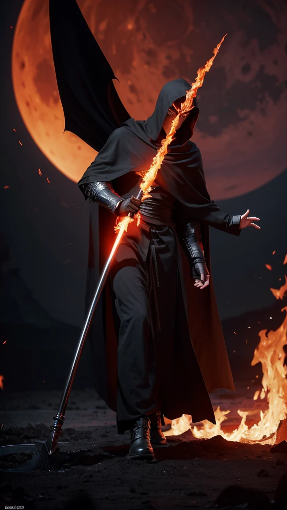 powerful black flames, a black-robed knight carrying a large scythe merged with the flames, hands out of the ground, red moon, black smoke everywhere, writing "VOKAB.Ai" below, hyper realistic, intricate detail, ultra HD 8k, cinematic, wide-shot angle.