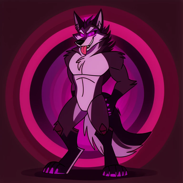 (masterpiece, best quality:1.2), Vortex hellhound, wolf, furry, helluva boss, hypnotized with glowing purple eyes, tongue out, savage, full body image