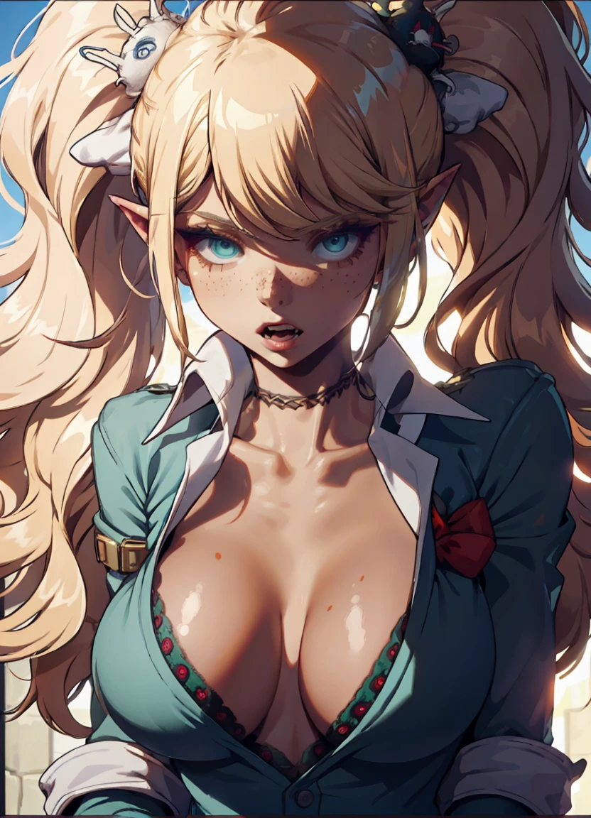 huge  , 1girl, adult (elven_0.7) woman, freckles, teal eyes, blonde blowout hair,