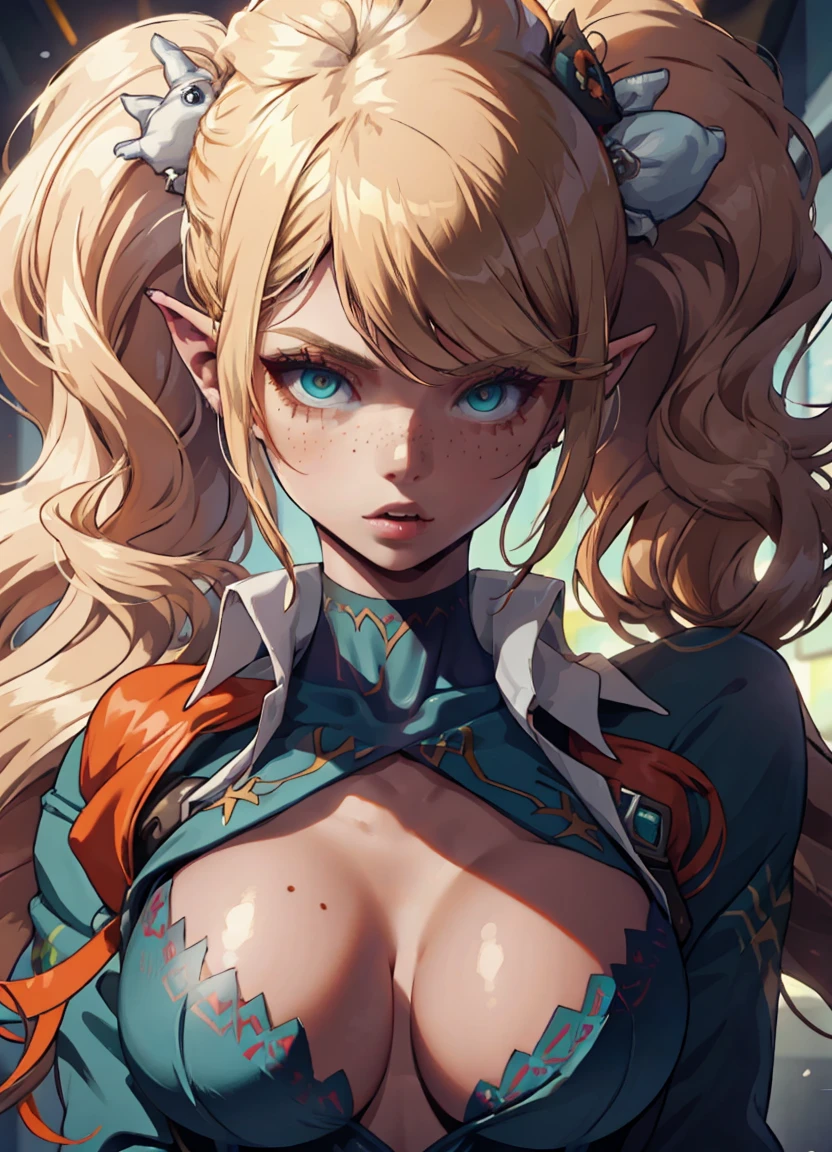 huge  , 1girl, adult (elven_0.7) woman, freckles, teal eyes, blonde blowout hair,