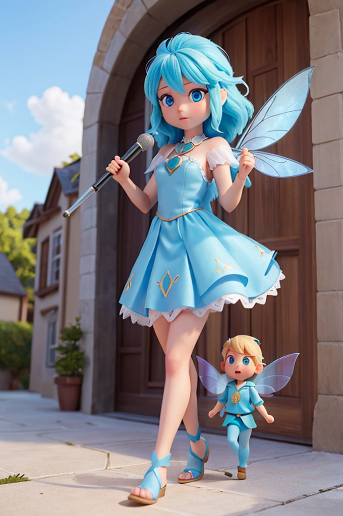 a human girl with blond hair and light blue eyes is holding a speech, she has the speaking pose, and next to her there is a fairy with blue hair and transparent wings, they are walking on the clouds