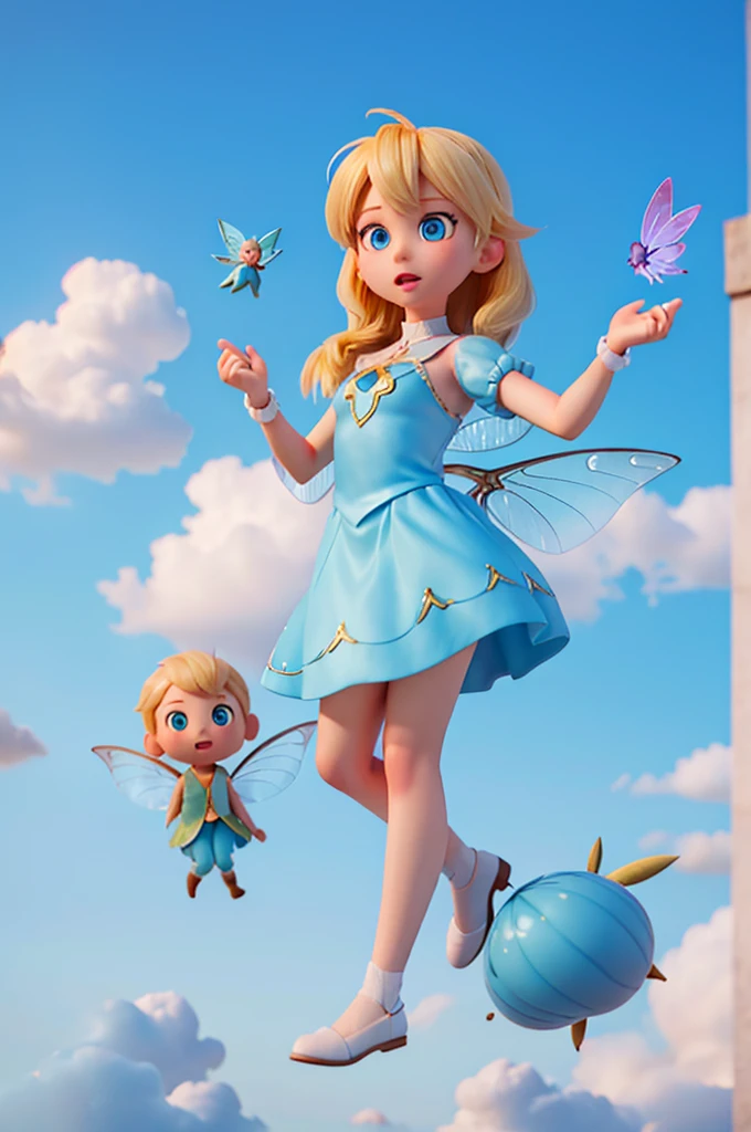 a human girl with blond hair and light blue eyes is holding a speech, she has the speaking pose, and next to her there is a fairy with blue hair and transparent wings, they are walking on the clouds