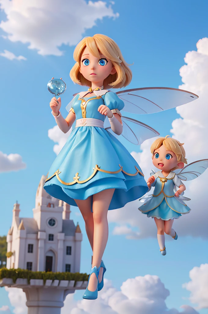 a human girl with blond hair and light blue eyes is holding a speech, she has the speaking pose, and next to her there is a fairy with blue hair and transparent wings, they are walking on the clouds
