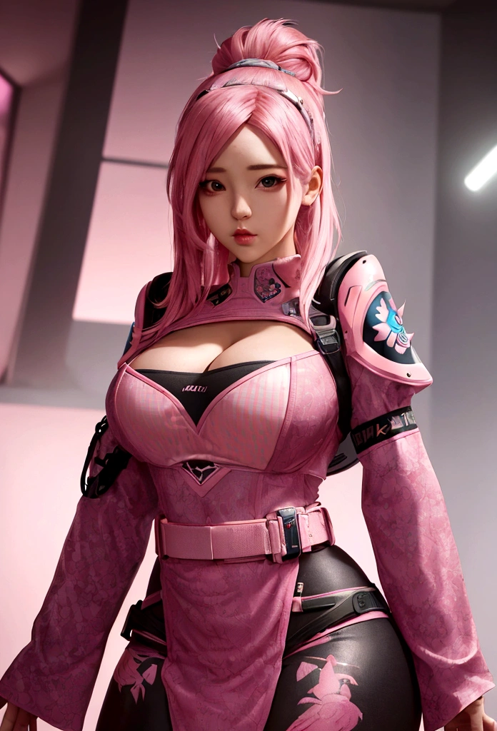 Girl with pink hair, cute outfit, medium bust, 160 cm tall, a bit chubby, wings, Overwatch team member, overly detailed face. Intricate detail, 8k masterpiece, lifelike, cinematic lighting, vivid colors, high detail, sharp focus, digital art.