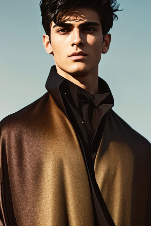 close-up fantasy-inspired portrait of haute couture hauntingly handsome 19 year old Persian male fashion model looking directly into camera, warm brown eyes, roguish black hair, wearing black assassin robes and billowing black cape , background is desert at night, ethereal dreamy foggy, photoshoot by Alessio Albi , editorial Fashion Magazine photoshoot, fashion poses, . Kinfolk Magazine. Film Grain.