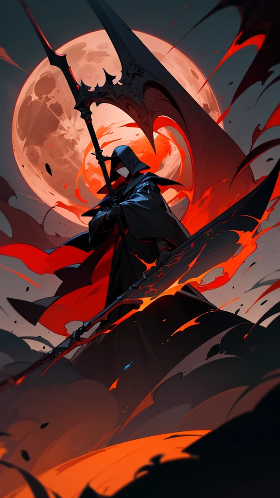 powerful black flames, a black-robed knight carrying a large scythe merged with the flames, hands out of the ground, red moon, black smoke everywhere, writing "VOKAB.Ai" below, hyper realistic, intricate detail, ultra HD 8k, cinematic, wide-shot angle.