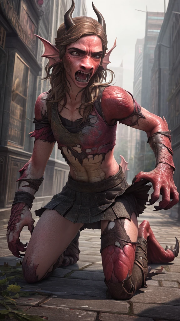 a beautiful girl with long brown hair, bra, panties, torn clothes, tattered clothes, human face, screaming in terror, standing on a street corner, (best quality,4k,8k,highres,masterpiece:1.2),ultra-detailed,(realistic,photorealistic,photo-realistic:1.37),award winning,transformation,magma dragon,dragon,intricate details,photorealistic,cinematic lighting,volumetric lighting,depth of field,beautiful face,striking pose,dynamic composition,vivid colors,warm tones