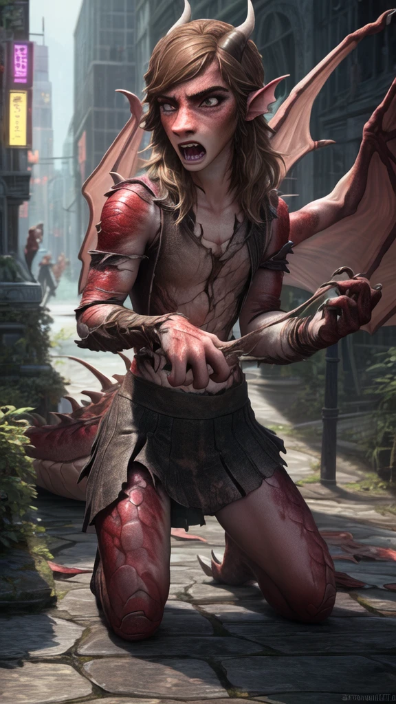 a beautiful girl with long brown hair, emma watson, ewt woman, transforming into a dragon, all fours, city street, skirt clothes ripping, shreeking in terror from the pain, photo-realistic, intricate details, dramatic lighting, dark fantasy, cinematic, highly detailed, 8k, award winning, masterpiece, transformation, best quality